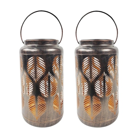 Bliss Outdoors Set Of 2 Solar LED Lanterns W Tropical Leaf Design  Hand Painted Finish